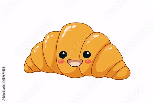 Cute croissant with a happy face on a plain background, perfect for children's books and food-related designs, adding a touch of joy