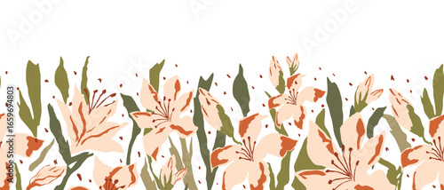 Abstract floral art vector background. Seamless banner with white hand drawn lily flowers and botanical leaves. Summer meadow poster, organic shapes. Cute packaging design, decorative element, border