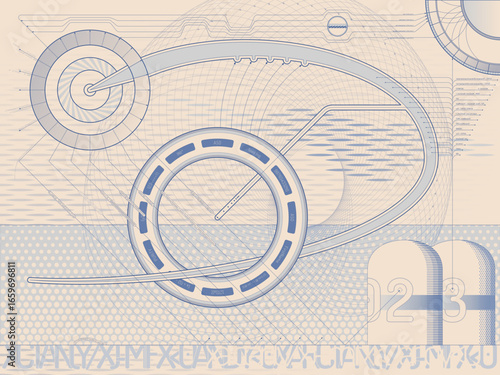 Abstract Vector Blueprint. Technical illustration featuring a circular segmented diagram, data points, and a simplified building structure, ideal for urban planning and innovation concepts.