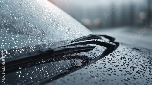 Raindrops on car windshield wipers in rain