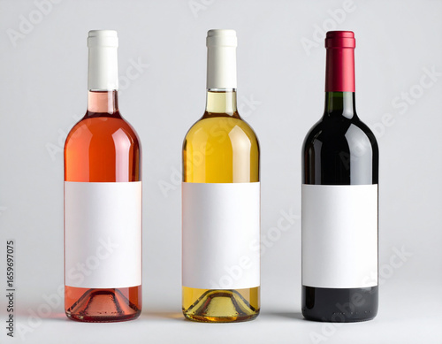 Mockup. Blank wine bottles displayed on a neutral background showcasing different types of wine and potential labels