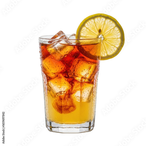 Highball glass, swirling Arnold Palmer, ice, lemon, condensation. Macro shot, transparent studio, dramatic backlighting. Concept of refreshing liquid perfection
