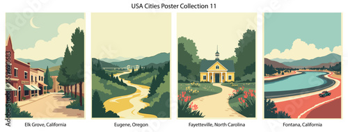 Elk Grove, California , Eugene, Oregon , Fayetteville, North Carolina , Fontana, California  Flat Vector Poster Collection