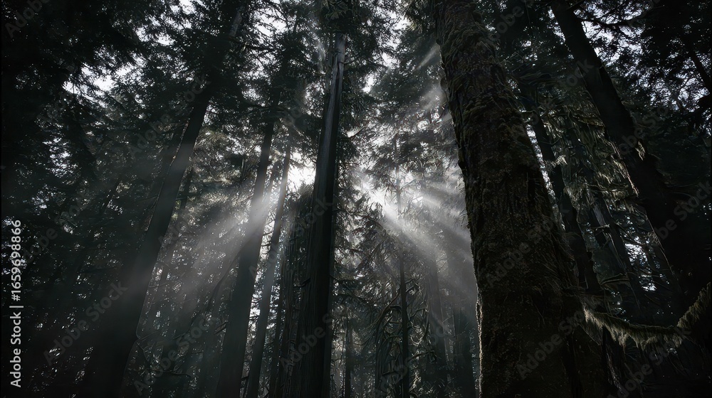 Obraz premium Sunlight filtering through a dense forest canopy.