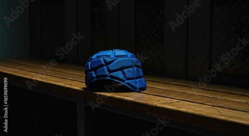 Blue Rugby Headgear on Wooden Bench, Dramatic Lighting, Dark Background, Sport Concept.