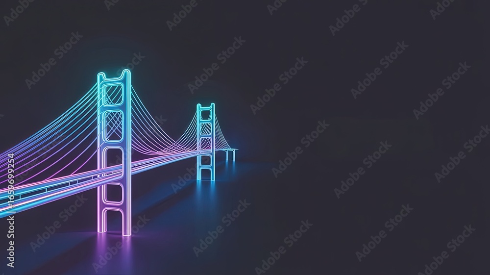 Obraz premium Neon Bridge Illustration: A vibrant neon illustration of a majestic bridge against a dark background, exuding a sense of futuristic design and architectural brilliance.