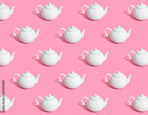 White teapots arranged in a repetitive pattern against a vibrant pink background create a charming and playful visual display