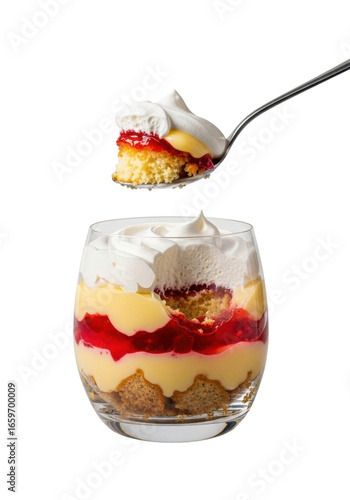 English trifle in clear glass, distinct layers, silver spoon scooping portion revealing texture, isolated on transparent background with subtle shadow, concept of culinary indulgence