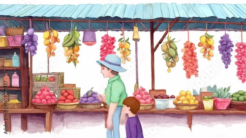 Cartoon fruit market scene with shoppers under an awning, colorful fruits