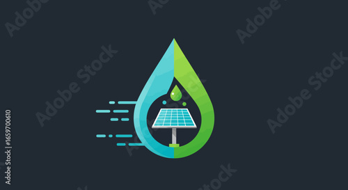 Renewable power fusion: solar energy droplet emblem on dark backdrop