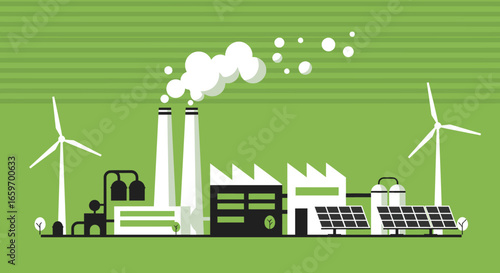 Sustainable energy concept with wind turbines and solar panels in flat design