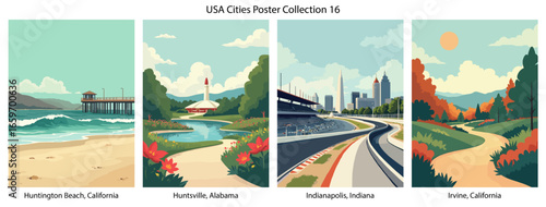 Huntington Beach, California , Huntsville, Alabama , Indianapolis, Indiana , Irvine, California  Flat Vector Poster Collection