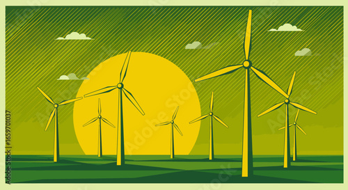 Renewable energy landscape with wind turbines against a sunset background