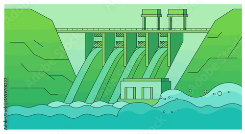 Hydroelectric dam with flowing water in modern linear art style
