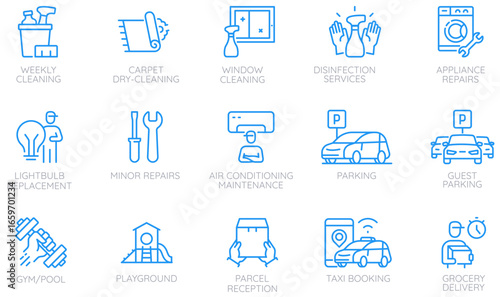 Vector set of linear icons related to apartment services, cleaning, repairs, maintenance, household support for real estate, property management, facility services, housing amenities - part 6