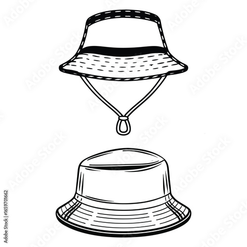 A set of two bucket hats in a line art style. Black and white vector illustration of a boonie hat with a strap and a classic fisherman hat.
