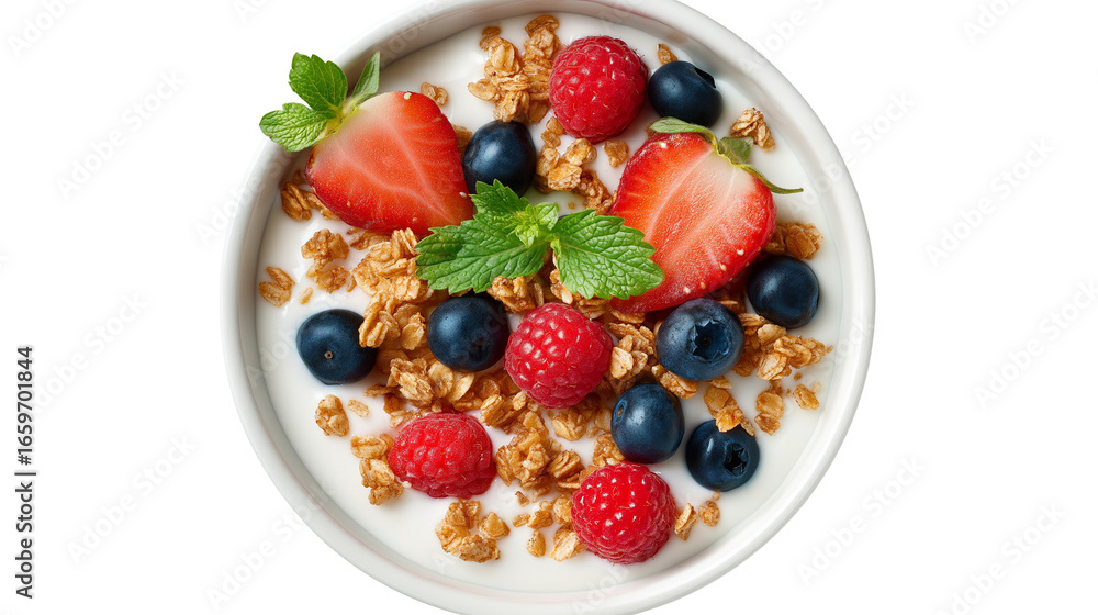 flat lay of healthy breakfast bowl with granola flat lay of healthy breakfast bowl with granola