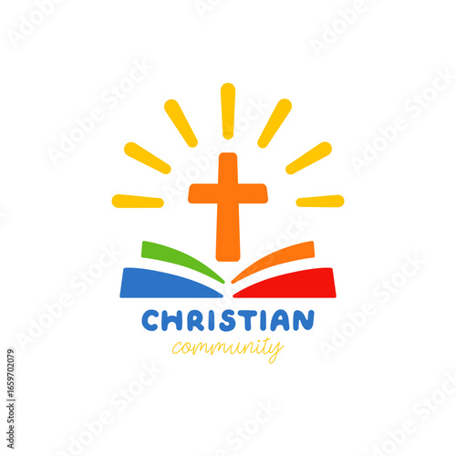 Creative logo for Christian community. Set of elements with rounded corners. Shiny cross, open book with colorful pages. Flat design. Religious and educational symbol