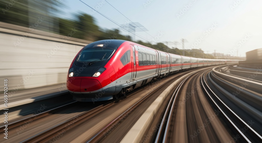 Naklejka premium Sleek Red High-Speed Train Accelerating Around a Sun-Kissed Railway Curve.