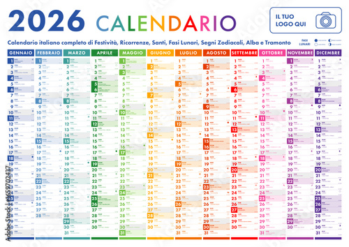 2026 Calendar - illustration. Template. Mock up. Italian version with Saints, Holidays, Lunar Phases and Zodiac Signs