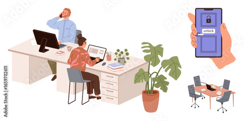 Colleagues work on laptops at shared desk near plant, hand holds unlocked smartphone, small meeting room setup. Ideal for teamwork, productivity, tech integration, security, collaboration, office