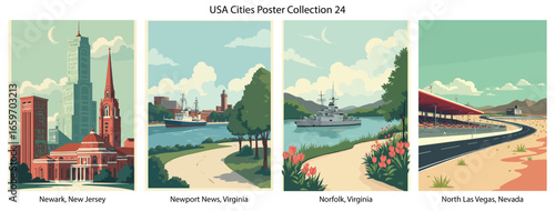 Newark, New Jersey , Newport News, Virginia , Norfolk, Virginia , North Las Vegas, Nevada  Flat Vector Poster Collection