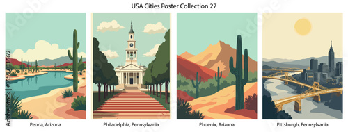 Peoria, Arizona , Philadelphia, Pennsylvania , Phoenix, Arizona , Pittsburgh, Pennsylvania  Flat Vector Poster Collection