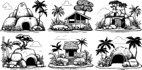 Collection of hand-drawn tropical huts and caves with rocks and trees
