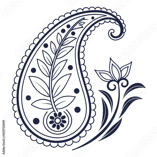 Vector art of classic black and white paisley pattern with floral accents for textile, wallpaper, and decorative design