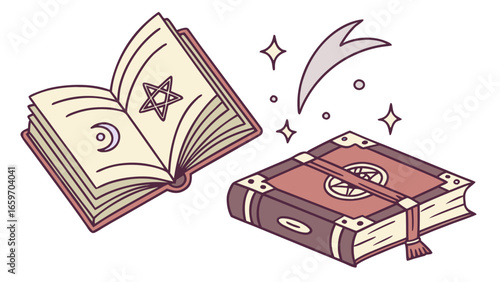 Vector art of magic spell books with occult symbols, representing ancient knowledge, witchcraft, and esoteric rituals