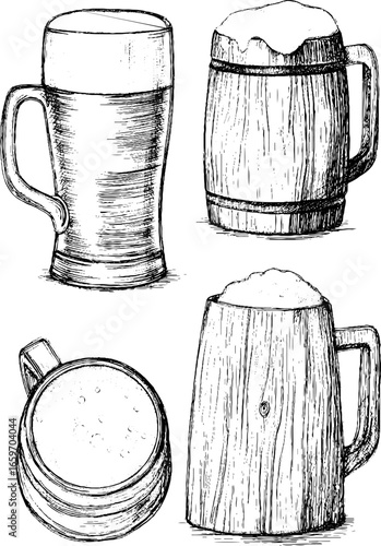 Variety of vintage beer mugs and tankards in black and white sketches