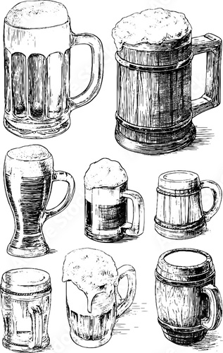 Vintage hand-drawn beer mugs and steins collection