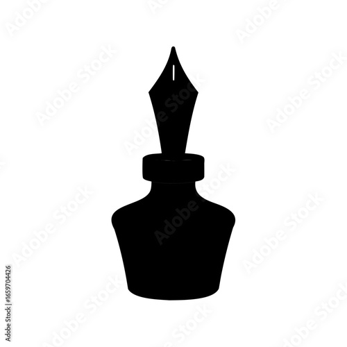 Silhouette of a fountain pen and ink bottle on a white background