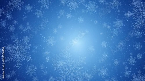 A cool-toned, wintery background featuring blurry snowflakes.