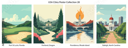 Port St Lucie, Florida , Portland, Oregon , Providence, Rhode Island , Raleigh, North Carolina  Flat Vector Poster Collection