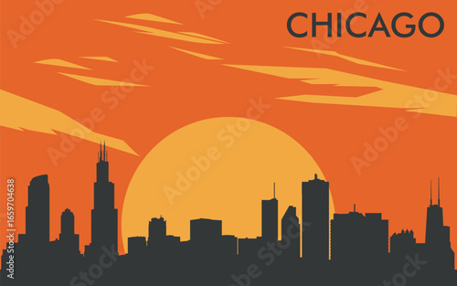 a silhouette of the Chicago city skyline against the background of a stylized yellow sunset or sunrise with an orange sky and abstract clouds