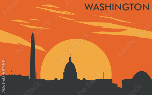 a silhouette of the Washington city skyline against the background of a stylized yellow sunset or sunrise with an orange sky and abstract clouds