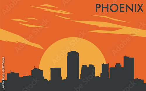 a silhouette of the Phoenix city skyline against the background of a stylized yellow sunset or sunrise with an orange sky and abstract clouds