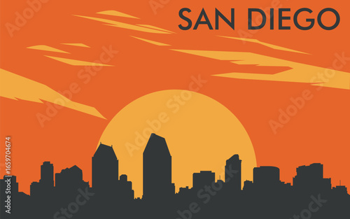 a silhouette of the San Diego city skyline against the background of a stylized yellow sunset or sunrise with an orange sky and abstract clouds