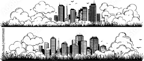 Black and white urban skyline with skyscrapers and clouds