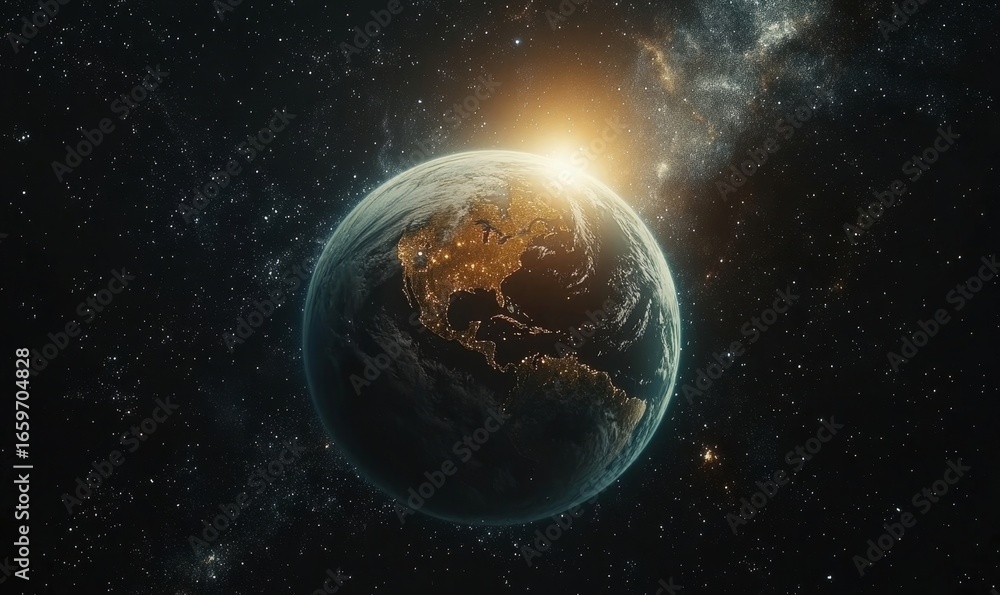 Fototapeta premium Breathtaking view of the sunrise from space, with golden rays illuminating the curvature of Earth against a vast starry expanse, symbolizing the beauty of our planet and the infinite, Generative AI