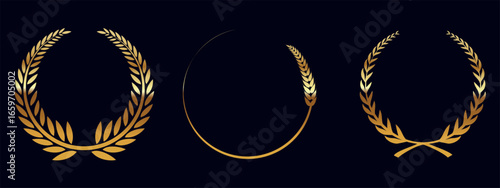 three golden laurel wreaths on a dark background.