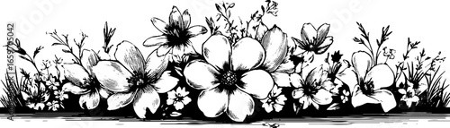 Monochrome floral border with detailed line art of various flowers and leaves