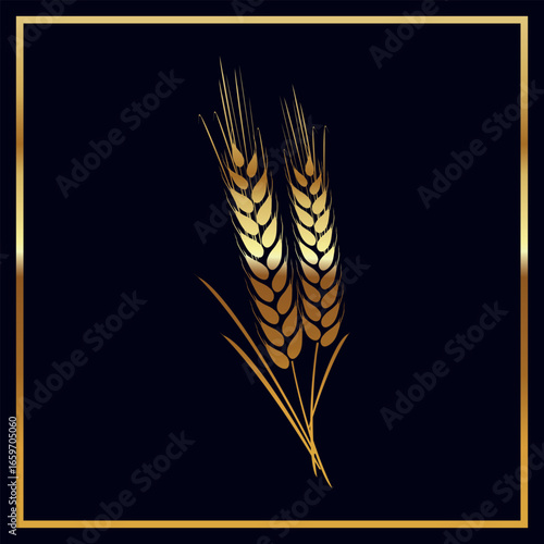 two golden ears of wheat on a dark background with a golden frame, symbolizing prosperity, harvest or agricultural wealth.