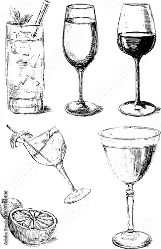 Hand-drawn sketch of various wine and cocktail glasses with citrus garnish