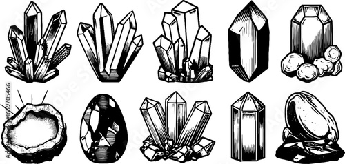 Collection of hand-drawn mineral crystal and geode illustrations in black and white