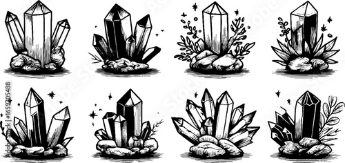 Collection of hand-drawn crystals and gemstones with botanical elements
