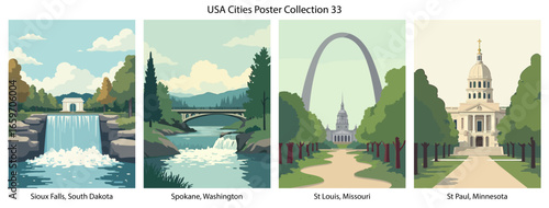 Sioux Falls, South Dakota , Spokane, Washington , St Louis, Missouri , St Paul, Minnesota  Flat Vector Poster Collection