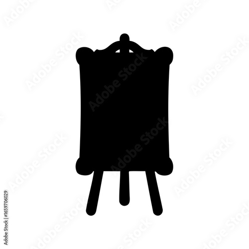 Black silhouette of an ornate easel, standing upright on three legs