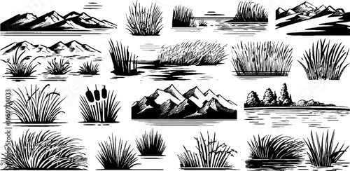 Monochrome landscape with mountains, reeds, and water features
